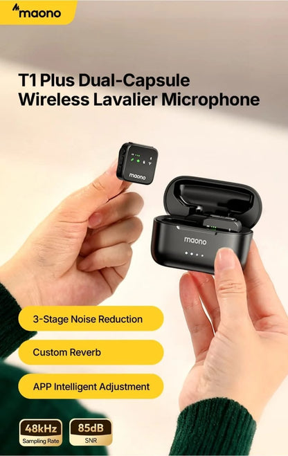MAONO Wave T1 Plus PC2 Wireless Lavalier Microphone – 2 Mini Mics + USB-C Receiver, AI Noise Cancelling, Charging Case