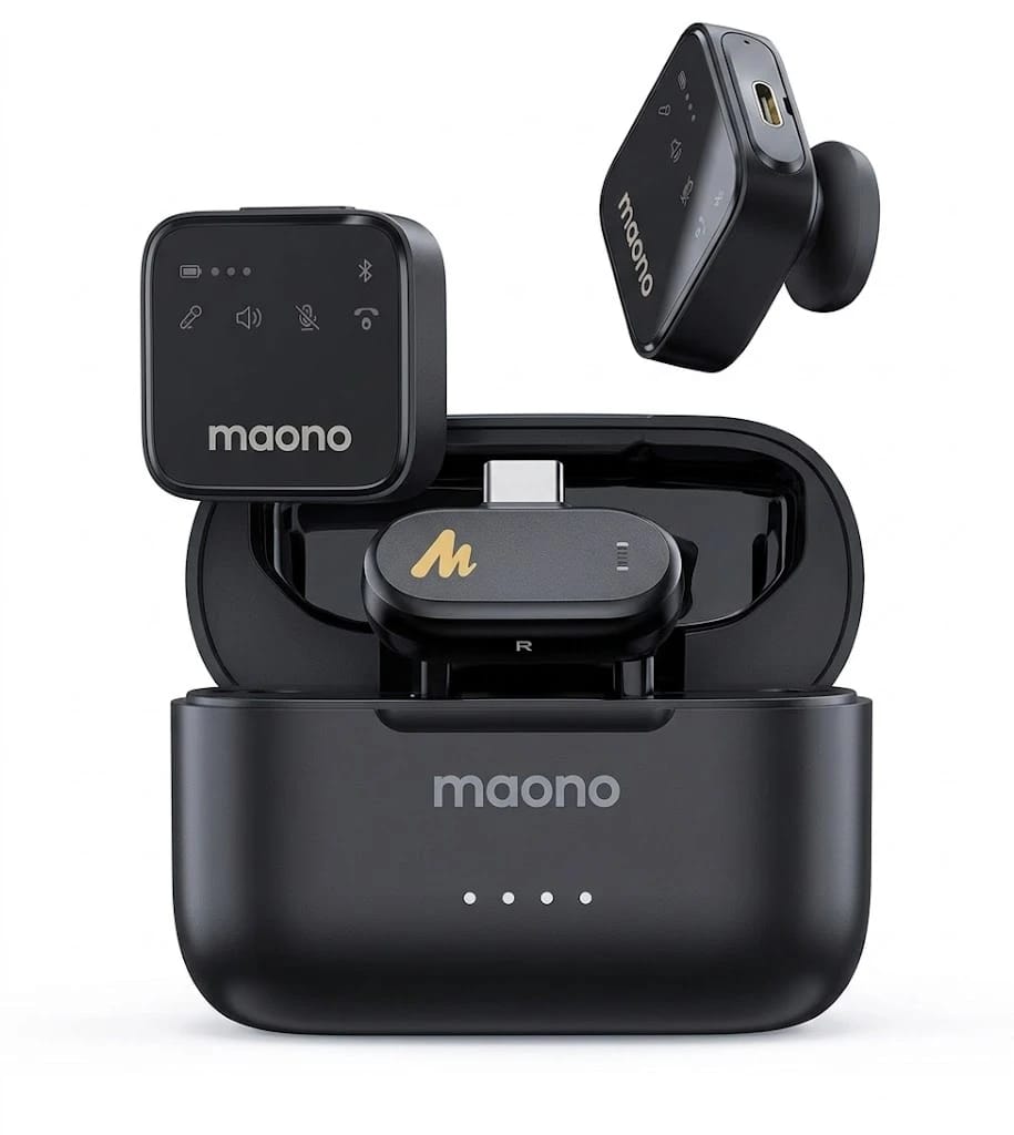 MAONO Wave T1 Plus PC2 Wireless Lavalier Microphone – 2 Mini Mics + USB-C Receiver, AI Noise Cancelling, Charging Case