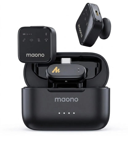 MAONO Wave T1 Plus PC2 Wireless Lavalier Microphone – 2 Mini Mics + USB-C Receiver, AI Noise Cancelling, Charging Case