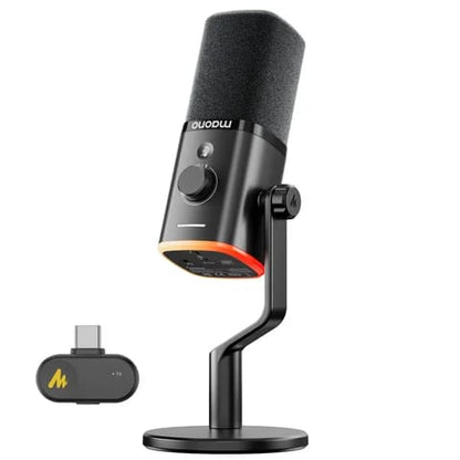 MAONO PD100W Wireless Dynamic Microphone – USB-C & 2.4GHz Wireless, 50m Range, AI Noise Reduction, RGB, 40H Battery for Gaming & Streaming