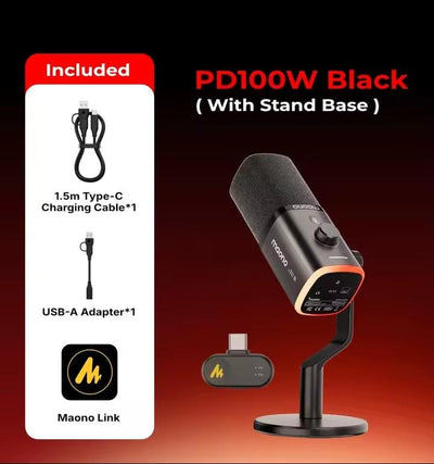 MAONO PD100W Wireless Dynamic Microphone – USB-C & 2.4GHz Wireless, 50m Range, AI Noise Reduction, RGB, 40H Battery for Gaming & Streaming