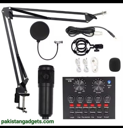 BM800 Condenser Mic With V8 Professional Dynamic Sound Card For Live Streaming And Podcast Studio