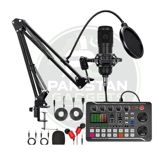 BM800 Condenser Mic with F998 Dual-Channel Dynamic Sound Card – Professional Studio Kit for Podcast, TikTok, Facebook & YouTube Live