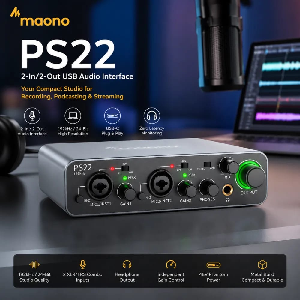 MAONO PS22 2x2 USB Audio Interface – Dual XLR Combo Inputs, 48V Phantom Power, Dual USB-C for PC/Mac & Mobile, 24-bit/192kHz