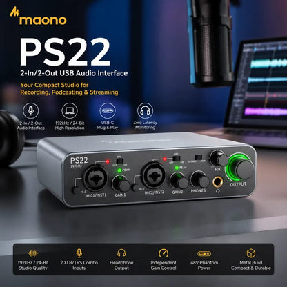 MAONO PS22 2x2 USB Audio Interface – Dual XLR Combo Inputs, 48V Phantom Power, Dual USB-C for PC/Mac & Mobile, 24-bit/192kHz