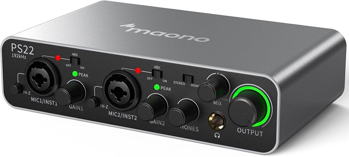 MAONO PS22 2x2 USB Audio Interface – Dual XLR Combo Inputs, 48V Phantom Power, Dual USB-C for PC/Mac & Mobile, 24-bit/192kHz