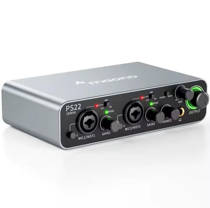 MAONO PS22 2x2 USB Audio Interface – Dual XLR Combo Inputs, 48V Phantom Power, Dual USB-C for PC/Mac & Mobile, 24-bit/192kHz