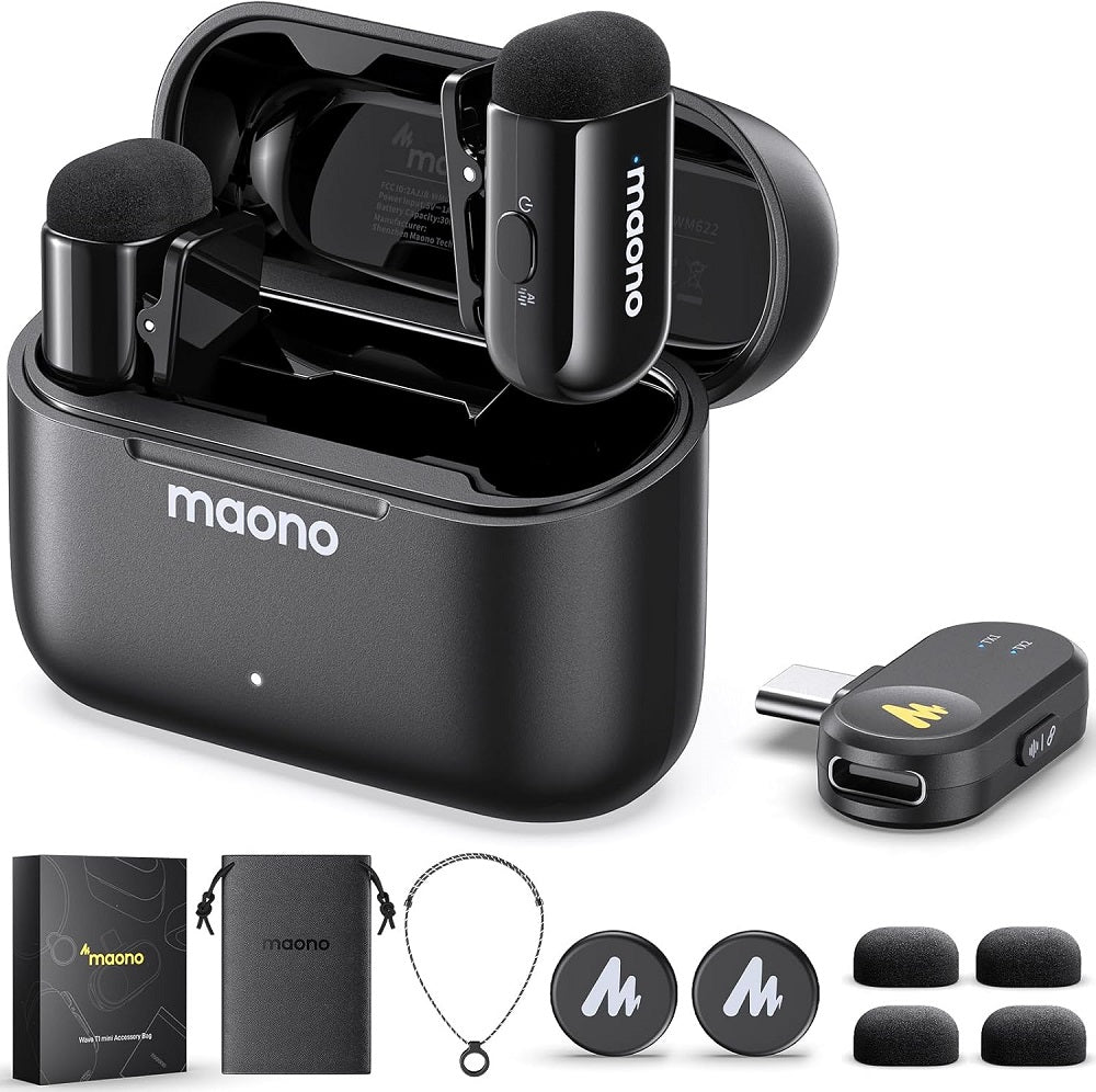 MAONO WAVE T1 Mini Wireless Microphone with Charging Case (2 Mics) – Type-C Receiver, AI Noise Cancellation, 30H Battery, 100m Range