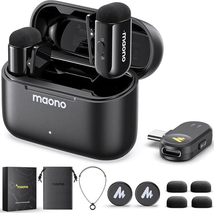 MAONO WAVE T1 Mini Wireless Microphone with Charging Case (2 Mics) – Type-C Receiver, AI Noise Cancellation, 30H Battery, 100m Range