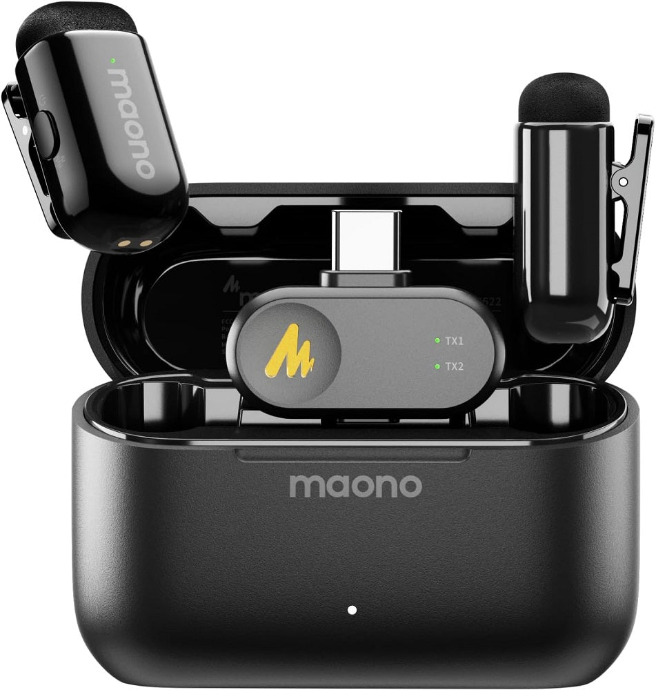 MAONO WAVE T1 Mini Wireless Microphone with Charging Case (2 Mics) – Type-C Receiver, AI Noise Cancellation, 30H Battery, 100m Range