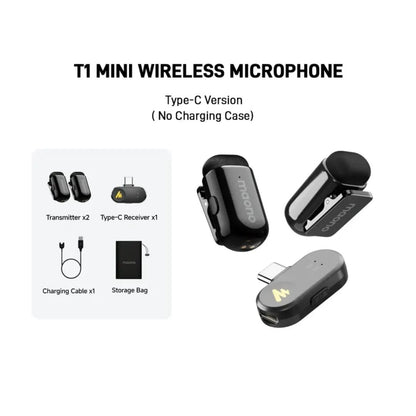 MAONO WAVE T1 Mini Wireless Microphone with Charging Case (2 Mics) – Type-C Receiver, AI Noise Cancellation, 30H Battery, 100m Range