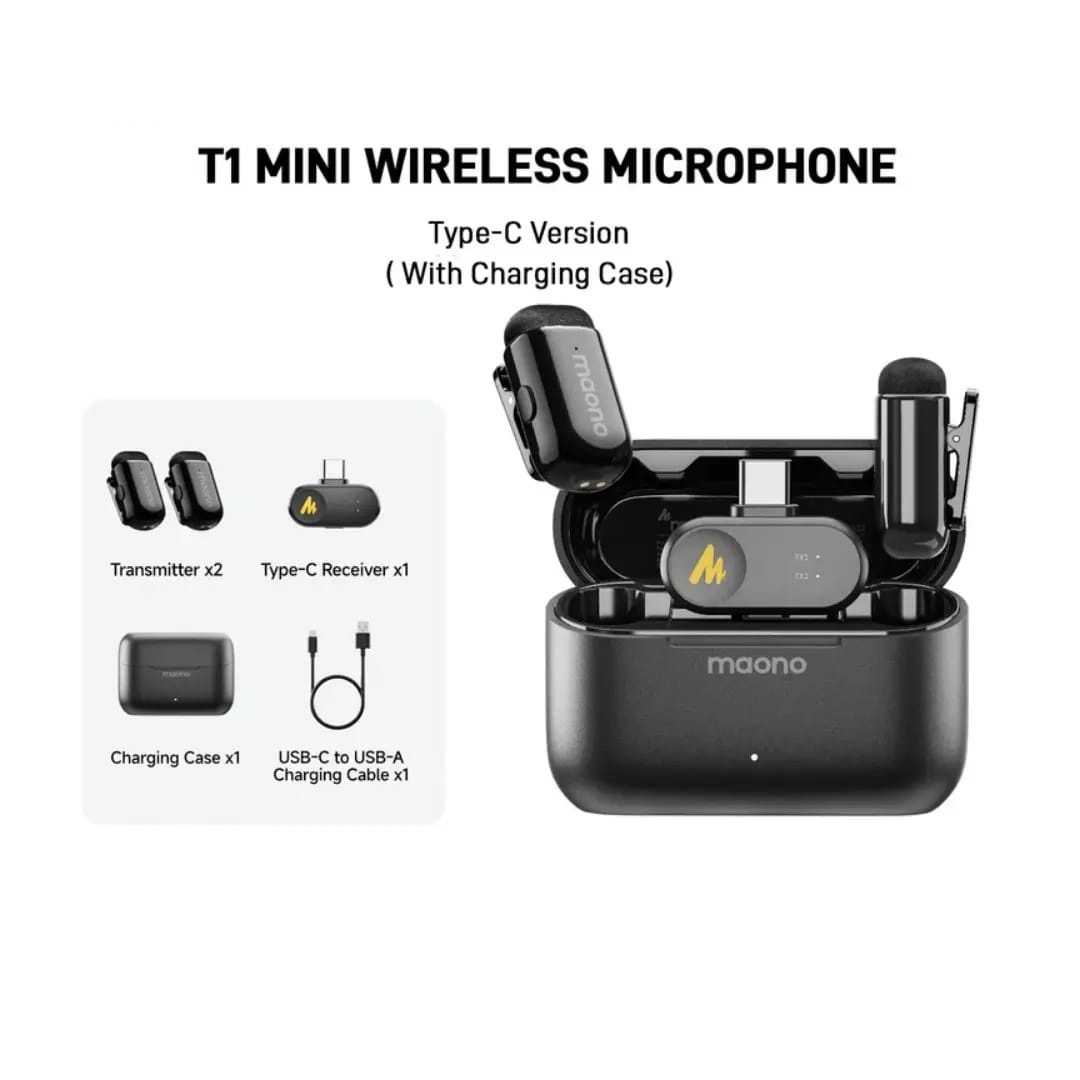 MAONO WAVE T1 Mini Wireless Microphone with Charging Case (2 Mics) – Type-C Receiver, AI Noise Cancellation, 30H Battery, 100m Range