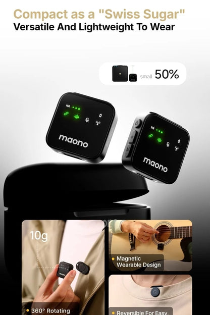 MAONO Wave T1 Plus PC2 Wireless Lavalier Microphone – 2 Mini Mics + USB-C Receiver, AI Noise Cancelling, Charging Case