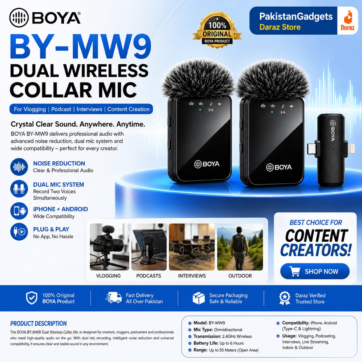BOYA MW9 Dual Wireless Collar Mic – Clip-On Lavalier Microphone for Vlogging, Podcast & Interviews (Indoor/Outdoor)