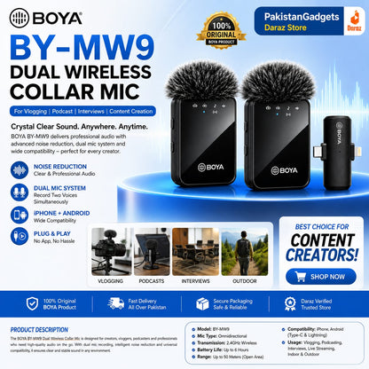 BOYA MW9 Dual Wireless Collar Mic – Clip-On Lavalier Microphone for Vlogging, Podcast & Interviews (Indoor/Outdoor)