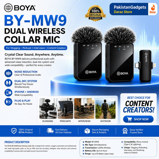 BOYA MW9 Dual Wireless Collar Mic – Clip-On Lavalier Microphone for Vlogging, Podcast & Interviews (Indoor/Outdoor)