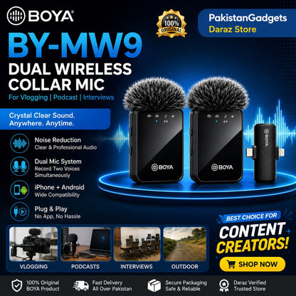BOYA MW9 Dual Wireless Collar Mic – Clip-On Lavalier Microphone for Vlogging, Podcast & Interviews (Indoor/Outdoor)